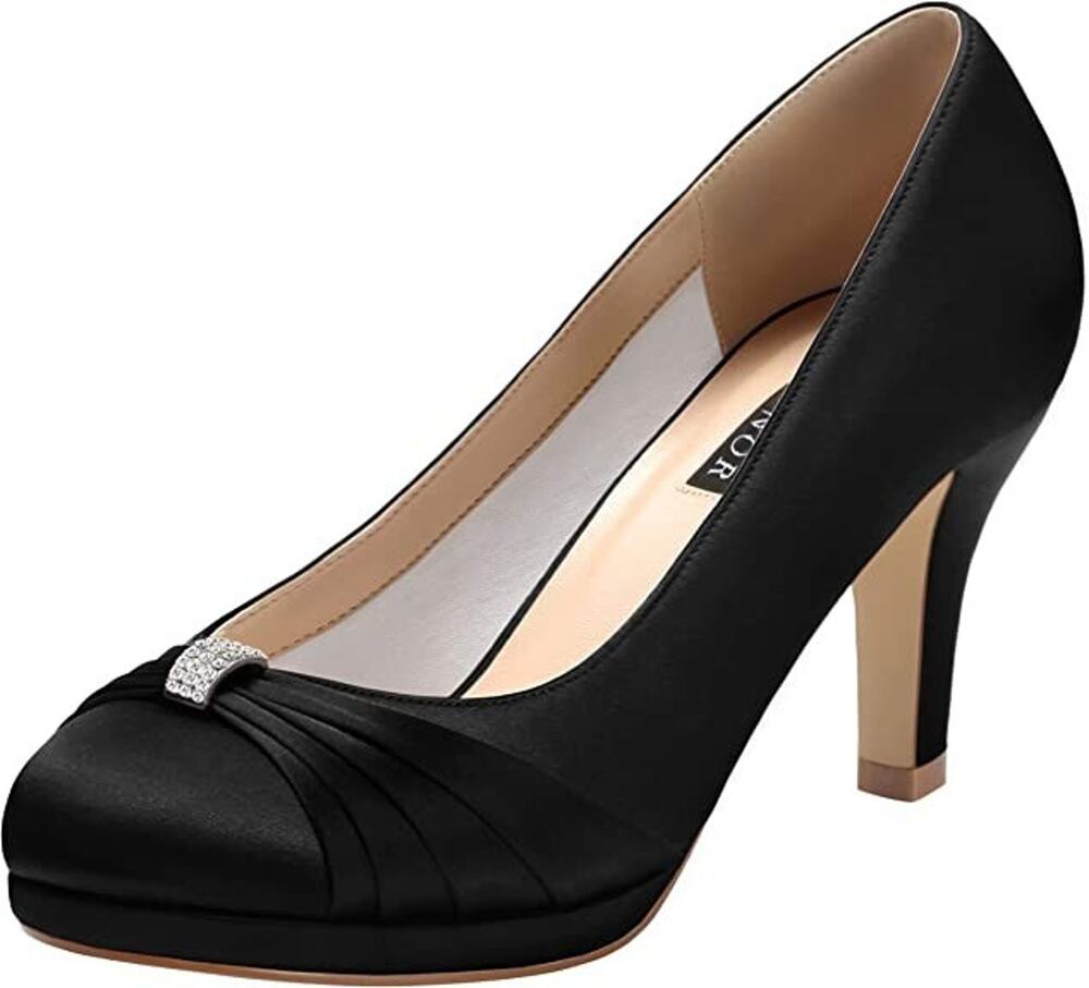 Erijunor Black Satin Pump Rhinestone Closed Toe Evening Wedding Shoes 9.5 NWB